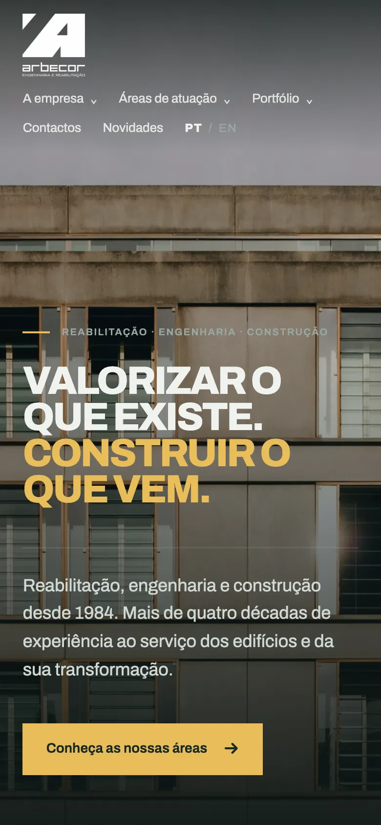 Página inicial da Arbecor no telemóvel