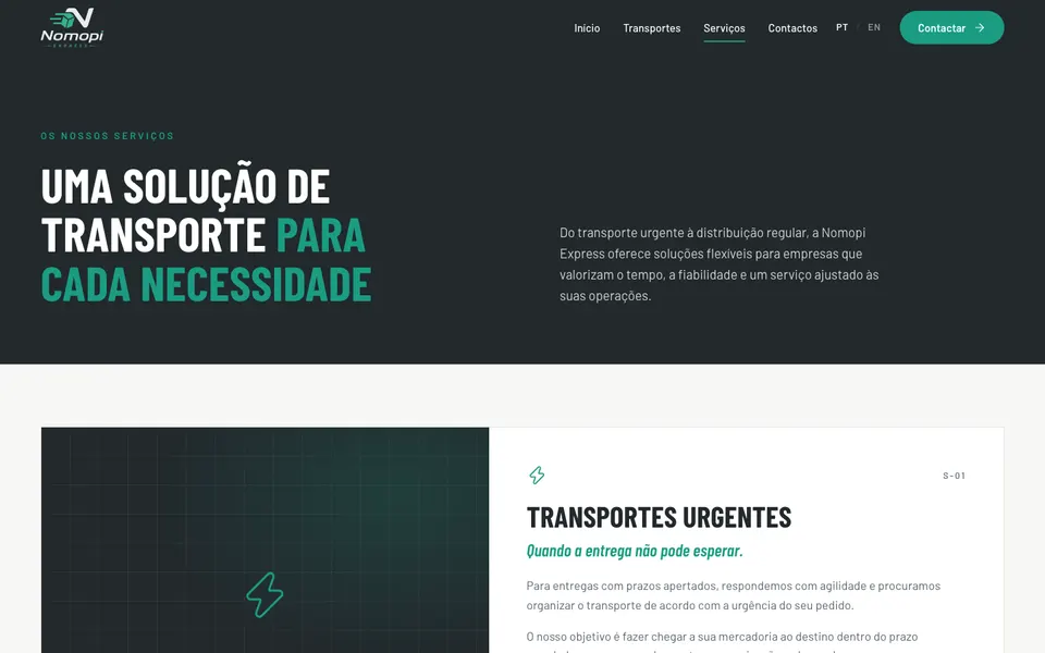 Página de serviços com os tipos de transporte