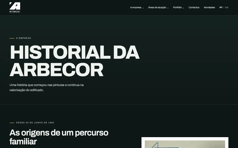 Página do historial da Arbecor